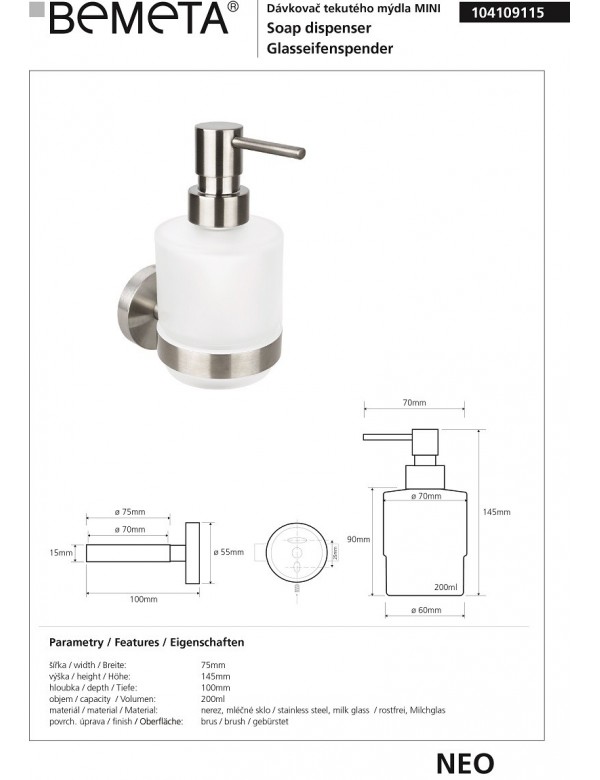 Distributeur de savon liquide NEO en verre 200 ml