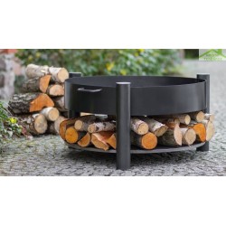 Brasero de jardin SOLAFA avec range bois en acier noir + pare-feu 