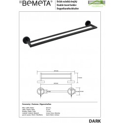 Porte-serviettes double DARK en laiton noir 65,5cm x 5,5cm x11cm