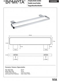 Porte serviette double VIA en laiton chromé 50 x2 x13,2 cm