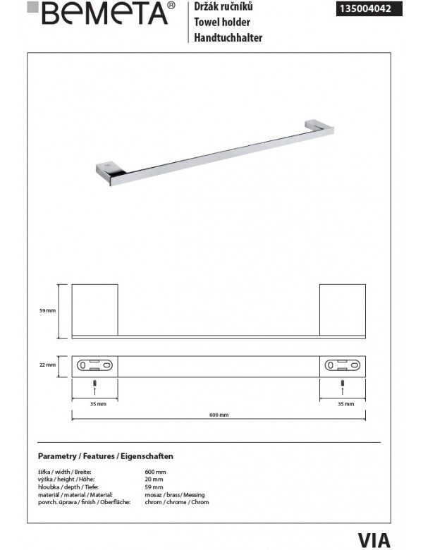 Porte serviette VIA en chrome 60 x 2 x5,9 cm