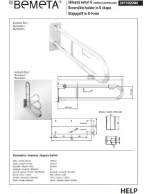 Barre d'appui blanche U HELP 813 avec supp. papier toilette 10x25x82,9cm