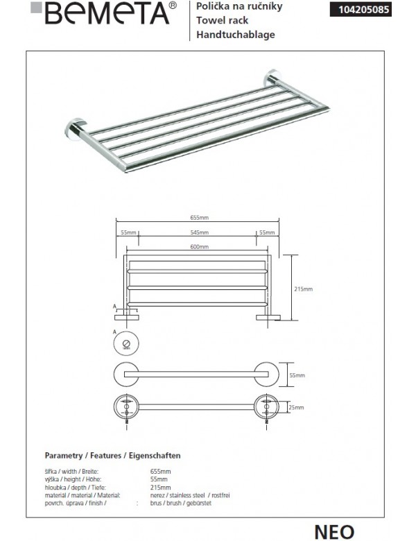 Etagère porte-serviettes NEO en acier inoxydable 65,5x5,5x21,5 cm