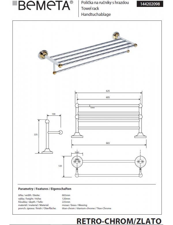 Porte-serviettes avec étagère RETRO chromé doré 66,5x12x22,5 cm