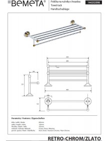 Porte-serviettes avec étagère RETRO chromé doré 66,5x12x22,5 cm