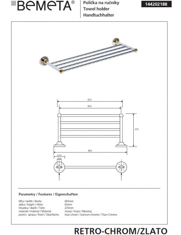 Porte-serviettes RETRO chromé doré 66,5x6,5x22,5 cm