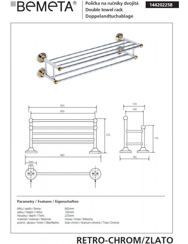 Etagère double trapèze avec porte-serviettes RETRO chromé doré 66,5x16,5x22,5 cm