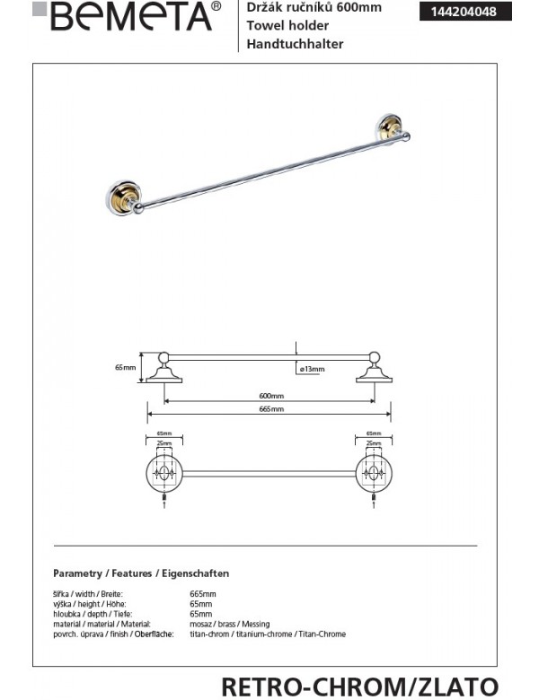 Porte-serviettes RETRO en laiton chromé doré 66,5x6,5x6,5 cm