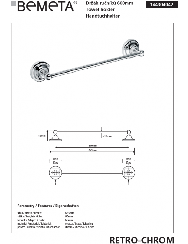 Porte-serviettes RETRO en laiton chromé 66,5x6,5x6,5 cm