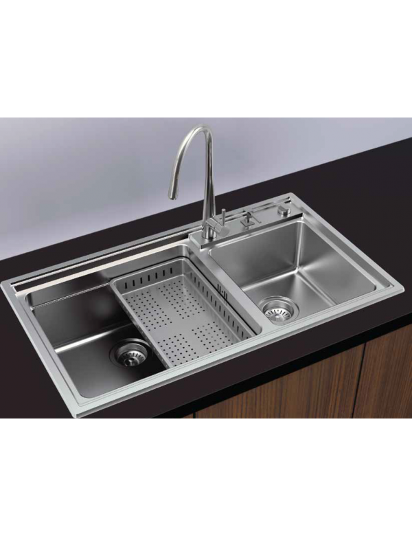 Évier 2 bacs en acier inoxydable ROSEE avec bonde et siphon 86x50cm