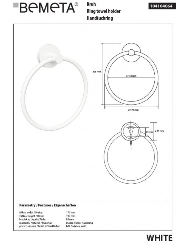 Anneau de serviette WHITE en laiton blanc 15 cm
