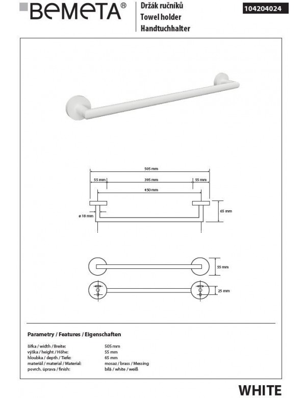 Porte-serviettes WHITE en laiton blanc 50,5cm