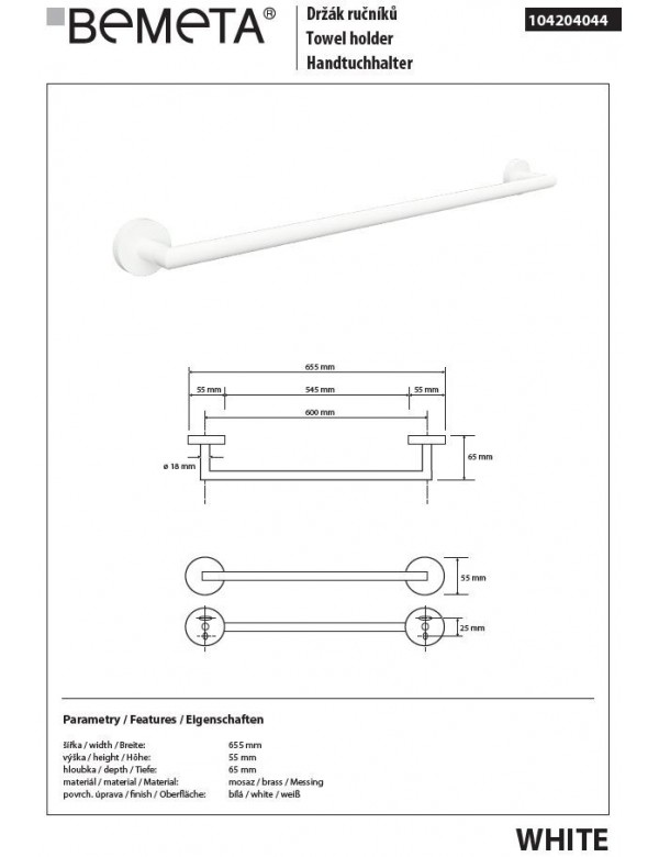 Porte-serviettes mural WHITE en laiton blanc 65,5cm