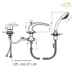 Mitigeur baignoire à cascade 3 trous avec inverseur