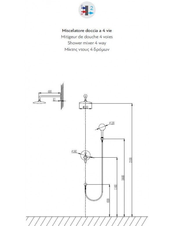 Ensemble de douche doré à encastrer ARTEMIS avec douchette 210cm