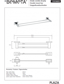Porte-serviettes double PLAZA en laiton chromé 12x62,5x3,5 cm