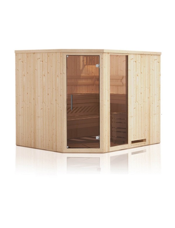 Cabine de sauna d’angle finlandais vitrée MINI 3 places 175x144 x H.199 cm