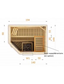 Cabine de sauna d’angle finlandais PERHE 4 places 194x144 x H.199 cm