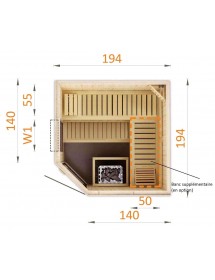 Cabine de sauna d’angle finlandais vitrée MAFANA 4 places 194x194 x H.199 cm