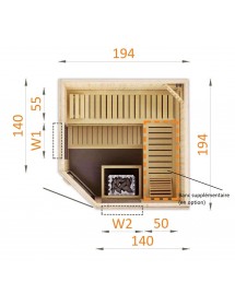Cabine de sauna d’angle à 2 fenêtres vitrées MAFANA 4 places 194x194 x H.199 cm