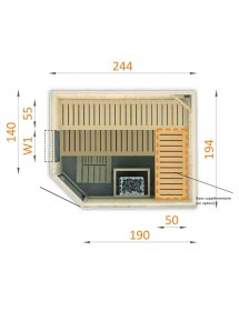 Cabine de sauna d’angle finlandais vitrée KILA 6 places 244x194 x H.199 cm