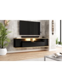 Meuble TV avec LED à suspendre ROB noir et chêne 160x35x38,7 cm