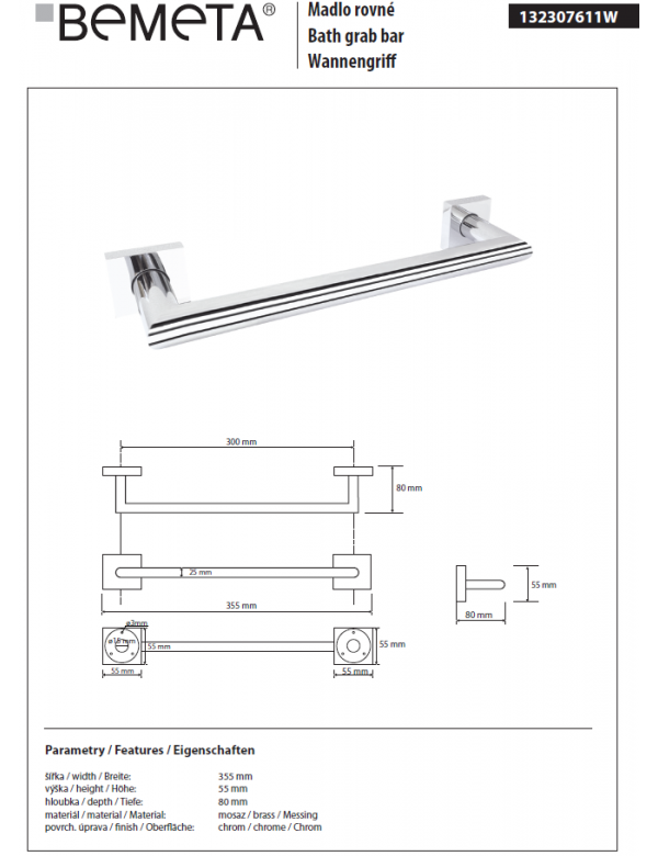 Barre d'appui de douche BETA en laiton chromé 35,5x8x5,5 cm