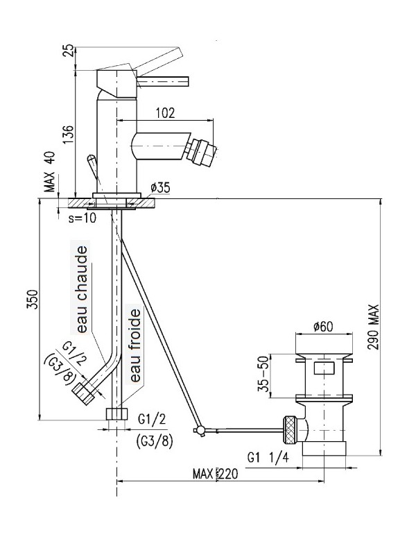Mitigeur bidet SEINA avec bonde en laiton noir