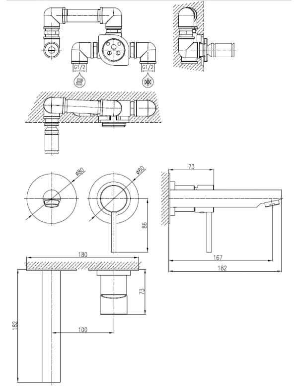 Mitigeur lavabo mural encastrable SEINA en laiton doré