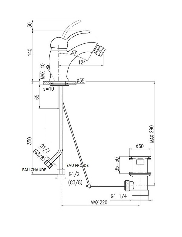 Mitigeur bidet LABE avec siphon en laiton bronze