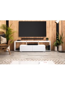 Meuble TV FLY avec LED blanc coloris chêne et noir 140x33,8 cm