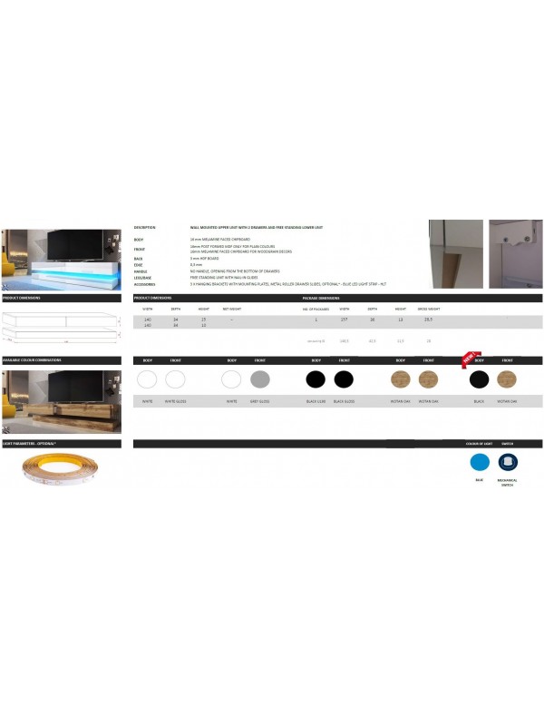 Meuble TV FLY avec LED blanc coloris chêne et noir 140x33,8 cm