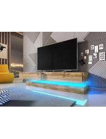 Meuble TV FLY avec LED blanc coloris chêne et noir 140x33,8 cm