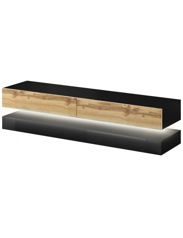 Meuble TV FLY avec LED blanc coloris chêne et noir 140x33,8 cm