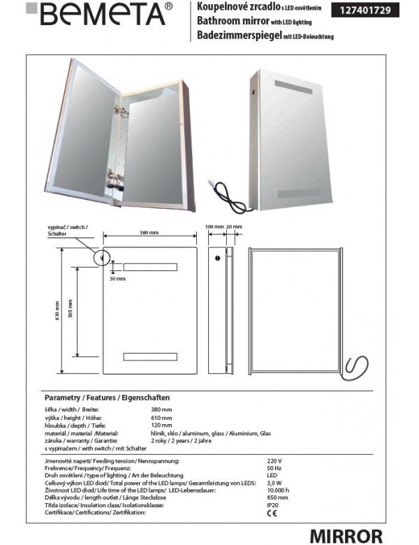 Armoire miroir de salle de bain avec lumière LED 61x38x12 cm