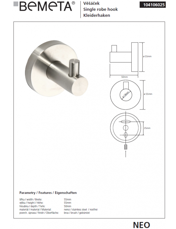 Patère NEO en acier inoxydable 5,5x5,5x6cm