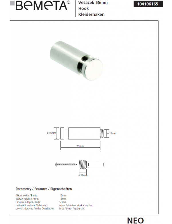 Lot de 2 patères en acier inoxydable NEO 5,5x1,6x1,6 cm
