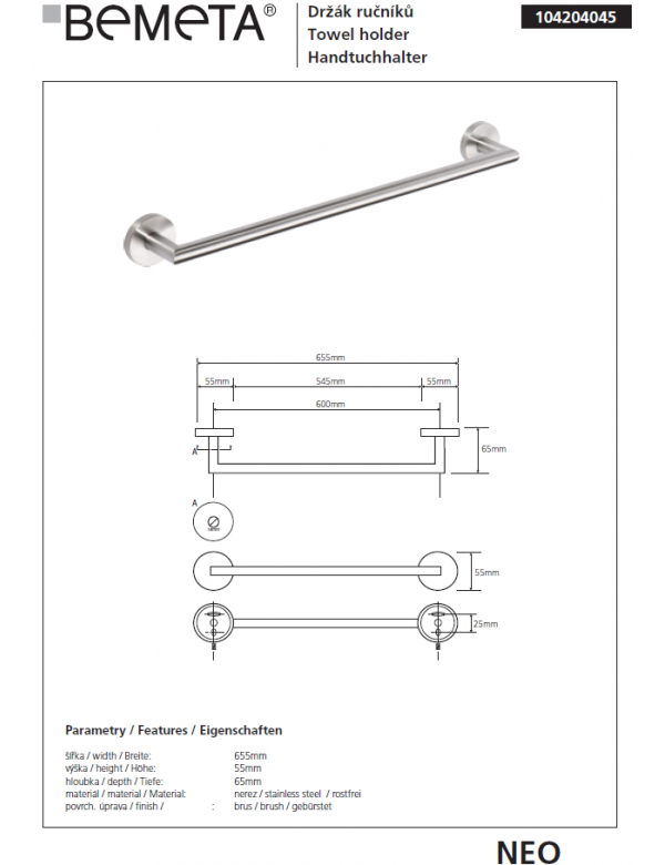Porte-serviettes NEO en acier inoxydable 65x7x5,5cm