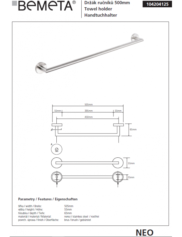 Porte-serviettes NEO en acier inoxydable 50x7x5,5 cm