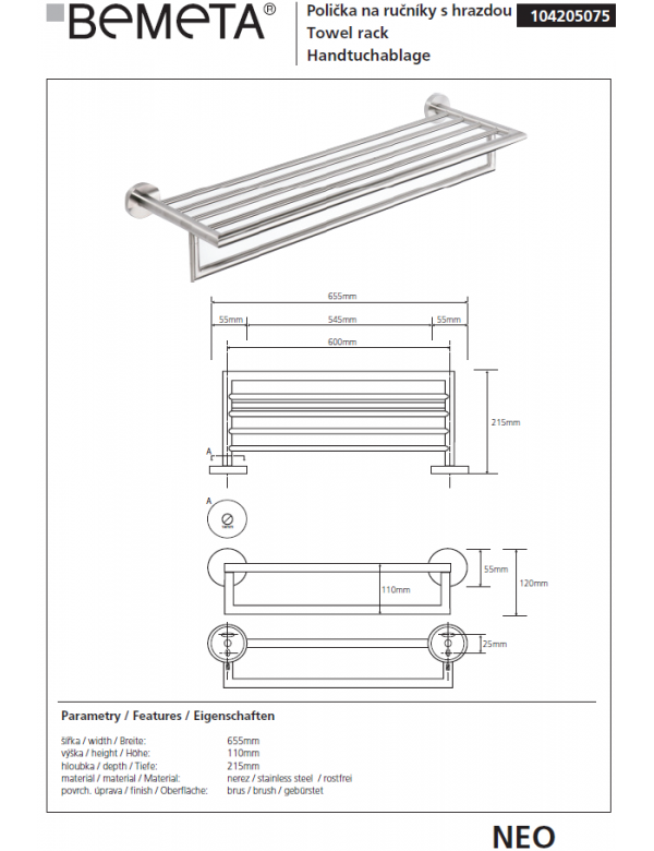 Etagère porte-serviettes NEO en acier inoxydable 65x21,5x11 cm