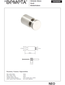 Lot de 3 patères simples NEO en acier inoxydable 3 x1,6 x1,6 cm
