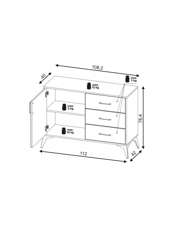 Buffet 1 porte et 3 tiroirs LUGO chêne vert 112x42x78,40cm