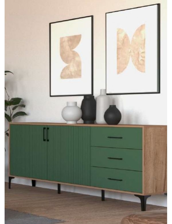 Buffet à 2 portes et 3 tiroirs LUGO chêne vert 164,5x42x78,4 cm
