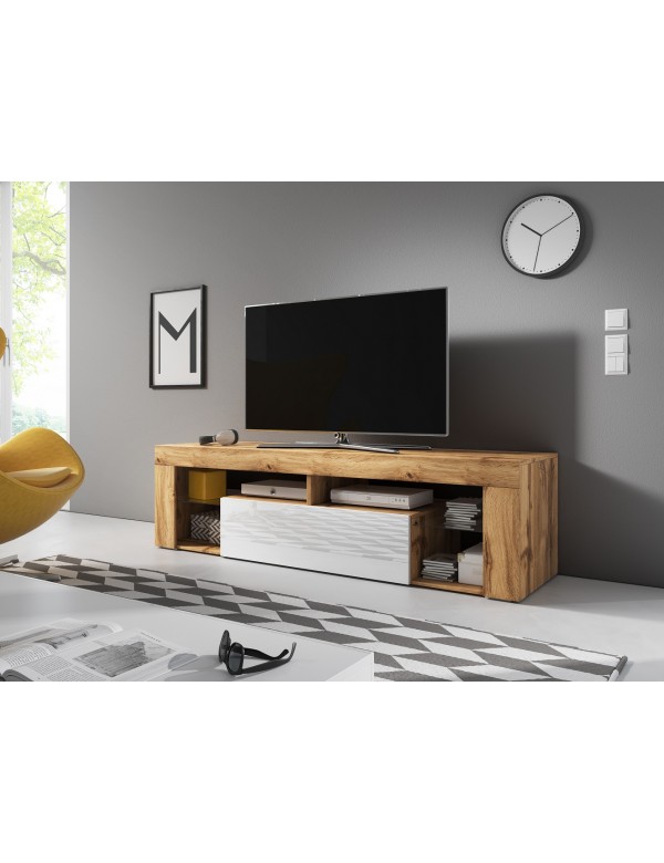 Meuble TV à poser ou à suspendre EVEREST en chêne et blanc 140x35x50 cm