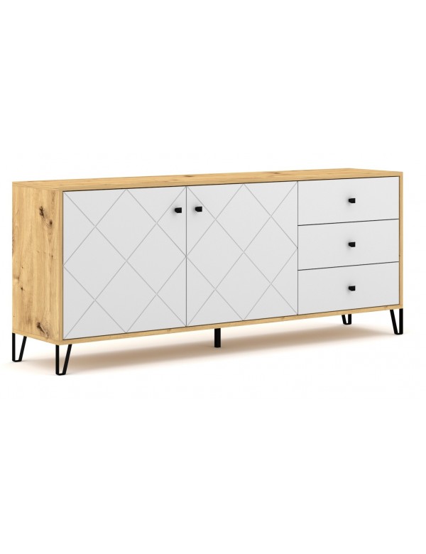 Bahut à 2 portes et 3 tiroirs BILBAO coloris chêne et blanc mat 183,4 cm