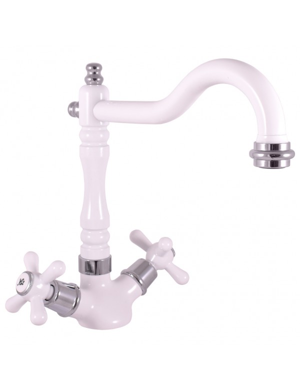 Mélangeur lavabo MORAVA RETRO pivotant en chrome blanc sans siphon Mélangeur lavabo MORAVA RETRO pivotant en chrome blanc sans siphon