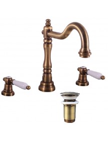 Mélangeur lavabo rétro 3 trous MORAVA avec bonde laiton bronze
