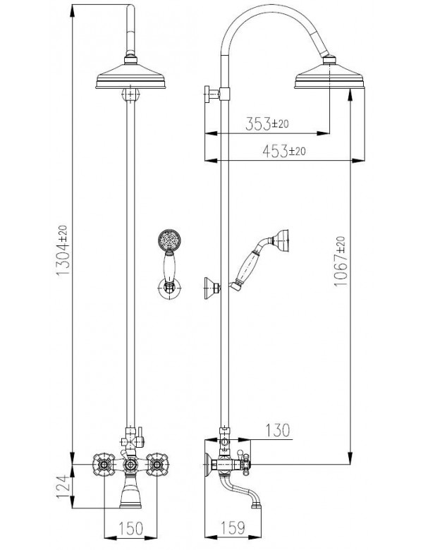 Colonne de douche rétro MORAVA en laiton bronze avec douchette H 150cm