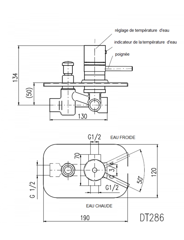 Mitigeur douche mural thermostatique avec commutateur laiton chrome