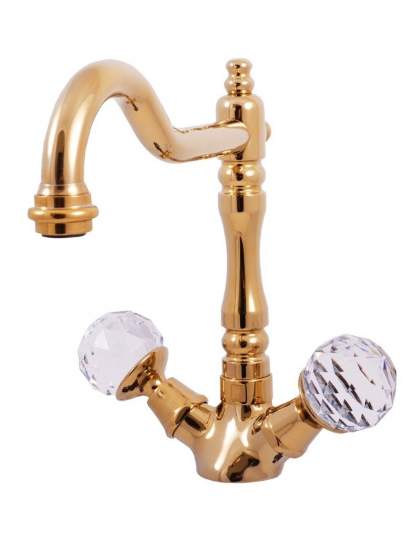 Mélangeur lavabo haut rétro BRILLANCE  en laiton doré et poignée en cristal